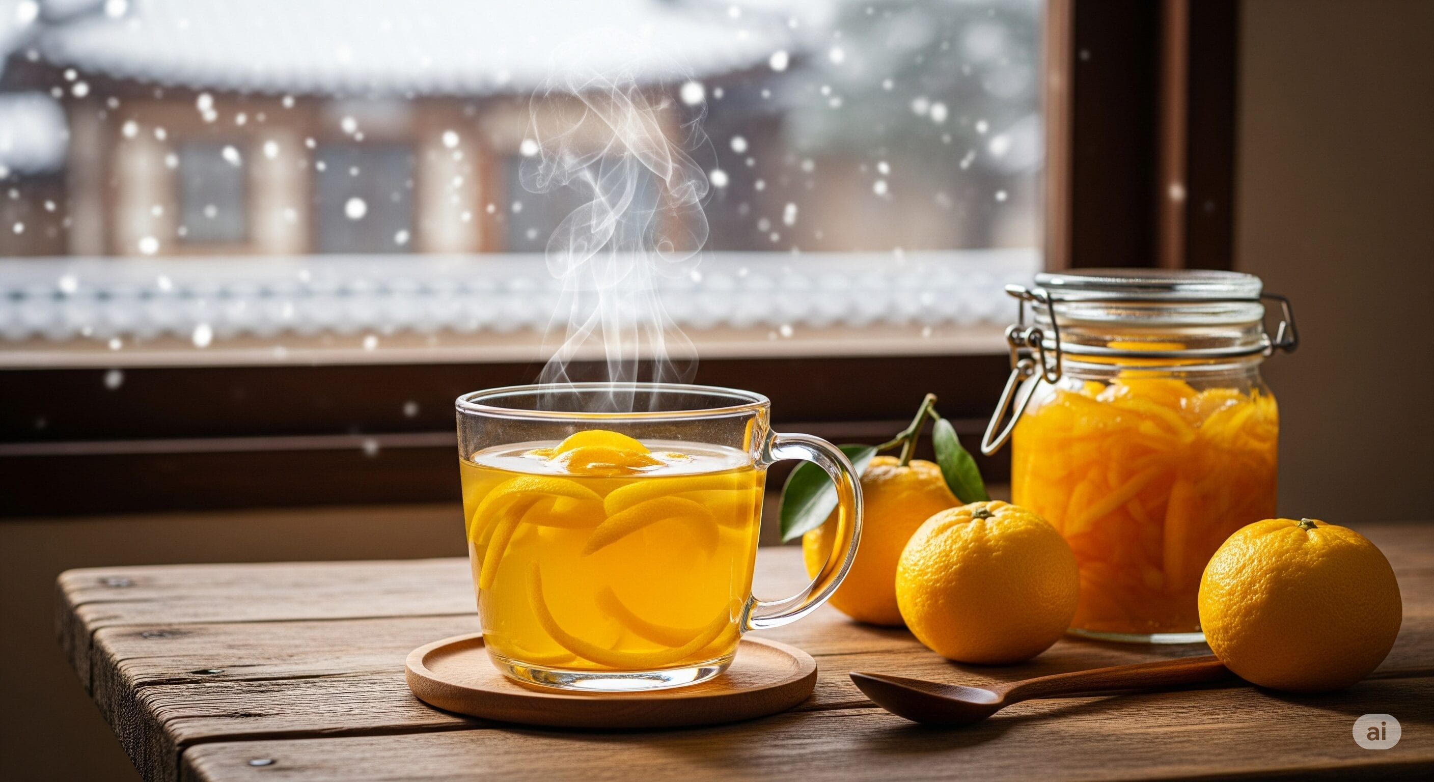 窓の外には雪が降り、木製のテーブルには湯気の立つ柚子茶と新鮮な柚子の実、柚子マーマレードの瓶が置かれている。.