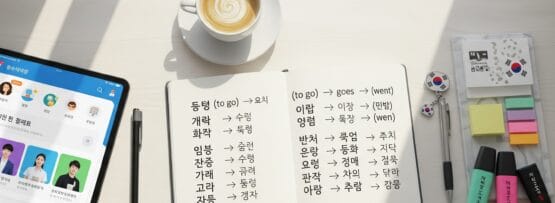 コーヒーカップが置かれたテーブル、韓国語の単語が書かれたオープンノート、語学アプリが入ったタブレット、ペン、蛍光ペン、クリップ、韓国国旗をモチーフにしたピンバッジ。.