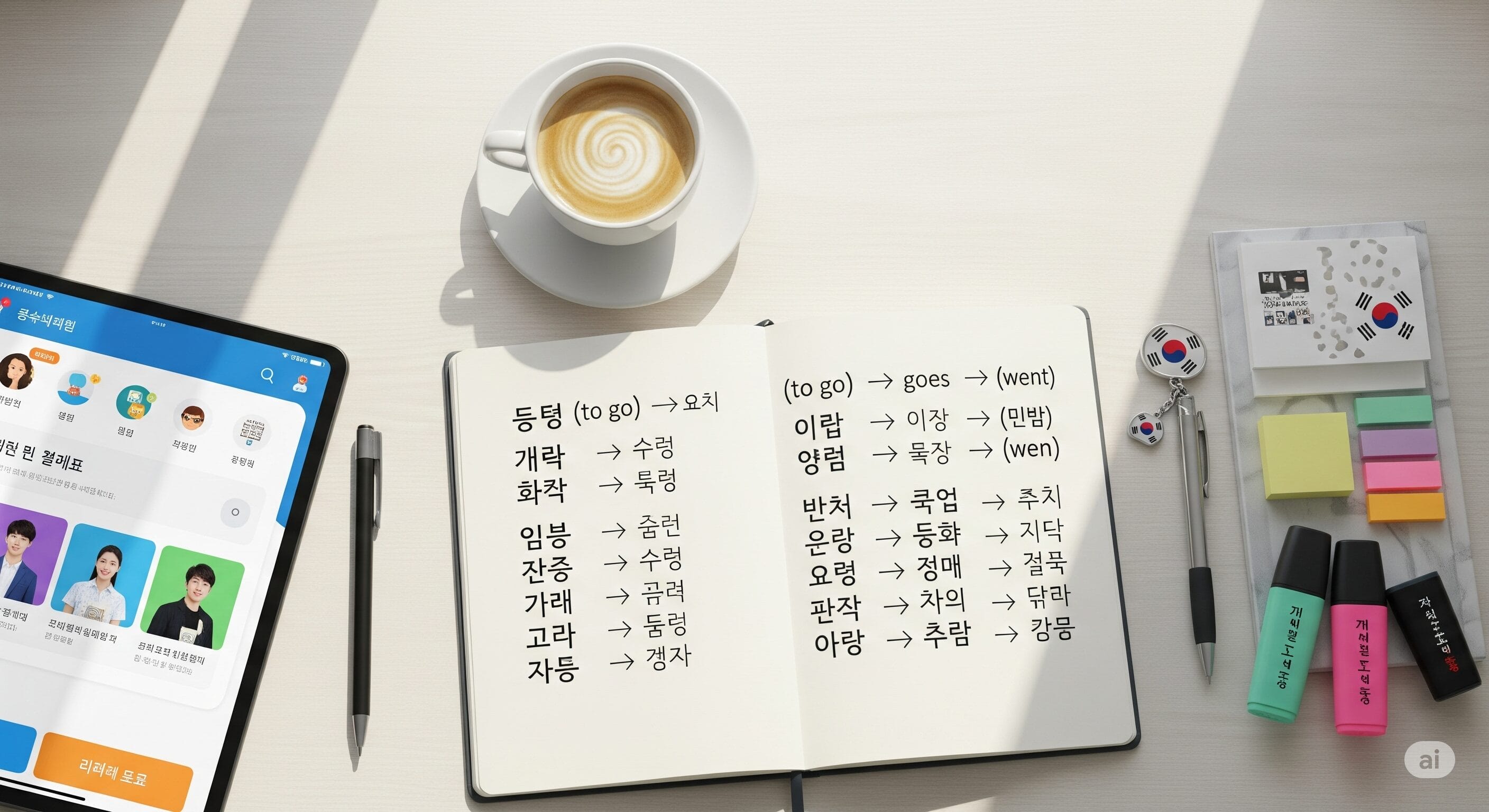 コーヒーカップが置かれたテーブル、韓国語の単語が書かれたオープンノート、語学アプリが入ったタブレット、ペン、蛍光ペン、クリップ、韓国国旗をモチーフにしたピンバッジ。.