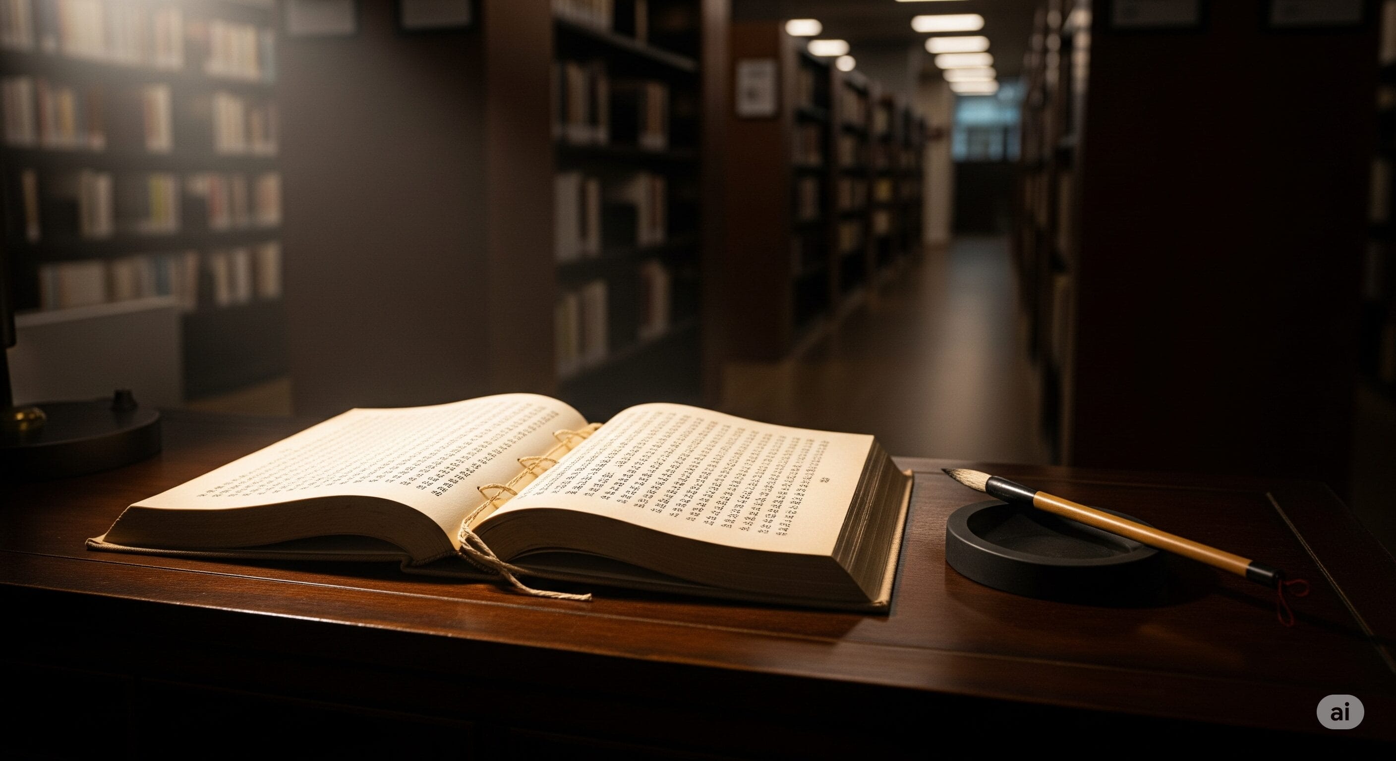 本棚を背景にした図書館の木製の机の上に、漢字の書かれた開いた本、書道の筆、硯が置かれている。.