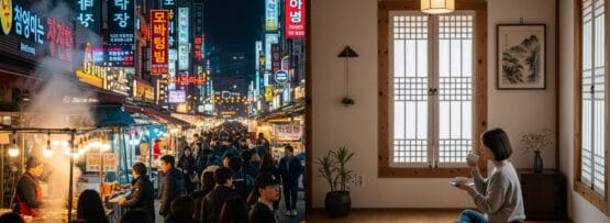 分割画像：左はネオンサインと屋台で賑わう夜のストリートマーケット、右はミニマルで伝統的な部屋で床に座ってお茶を飲む女性。.