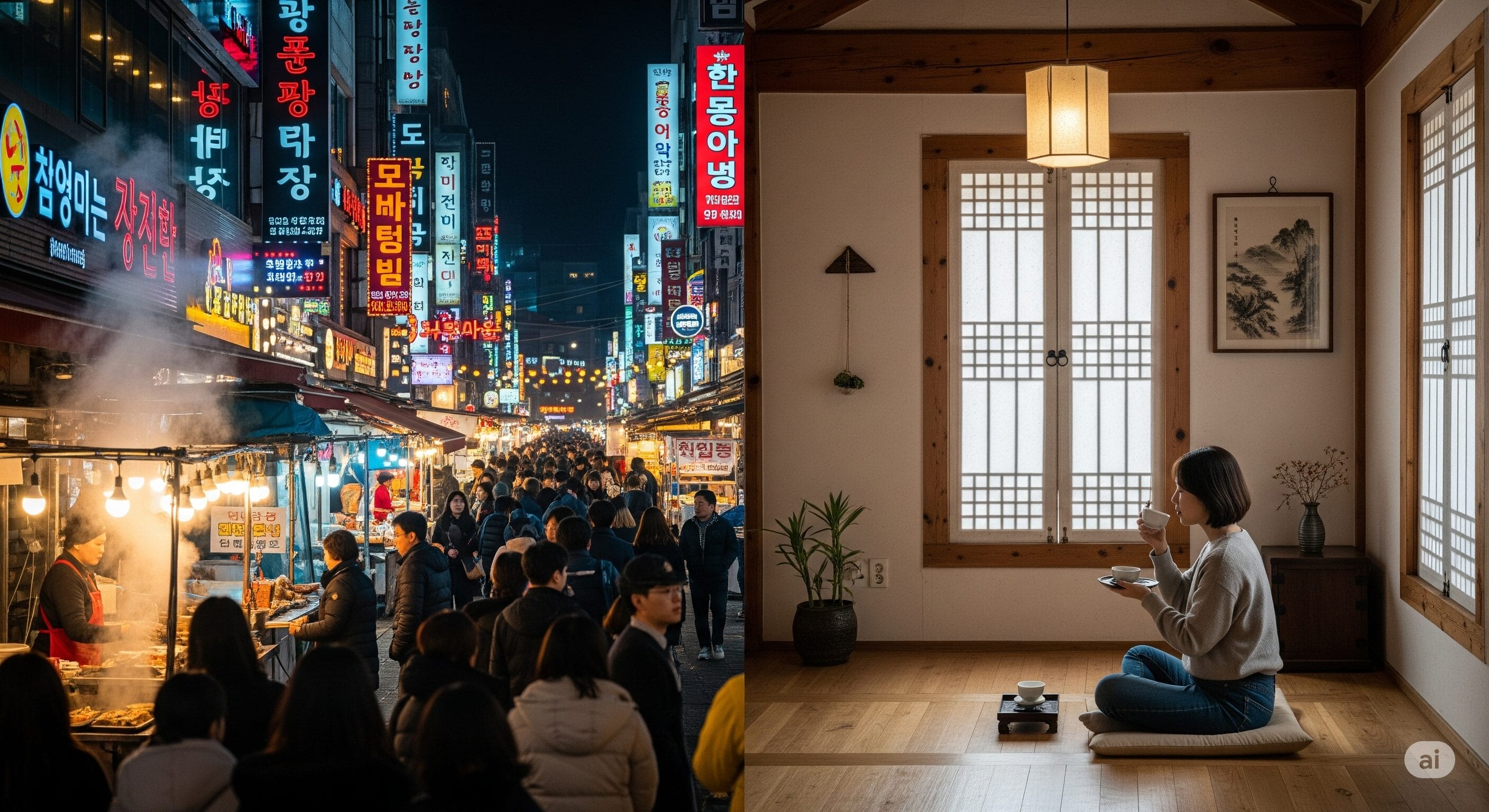 分割画像：左はネオンサインと屋台で賑わう夜のストリートマーケット、右はミニマルで伝統的な部屋で床に座ってお茶を飲む女性。.