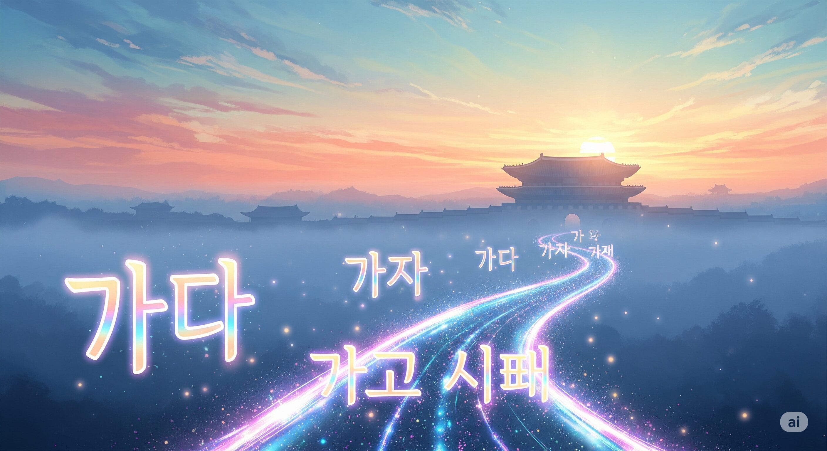 光り輝く小道が日の出のアジアの伝統的な宮殿へと続き、霧に包まれた風景の中、様々な韓国語が小道の上に浮かんでいる。.