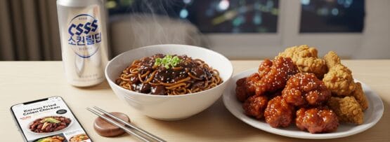 テーブルには缶ビール、どんぶり、韓国風フライドチキンの皿、金属製の箸、そしてフードデリバリーアプリが表示されたスマートフォン。.