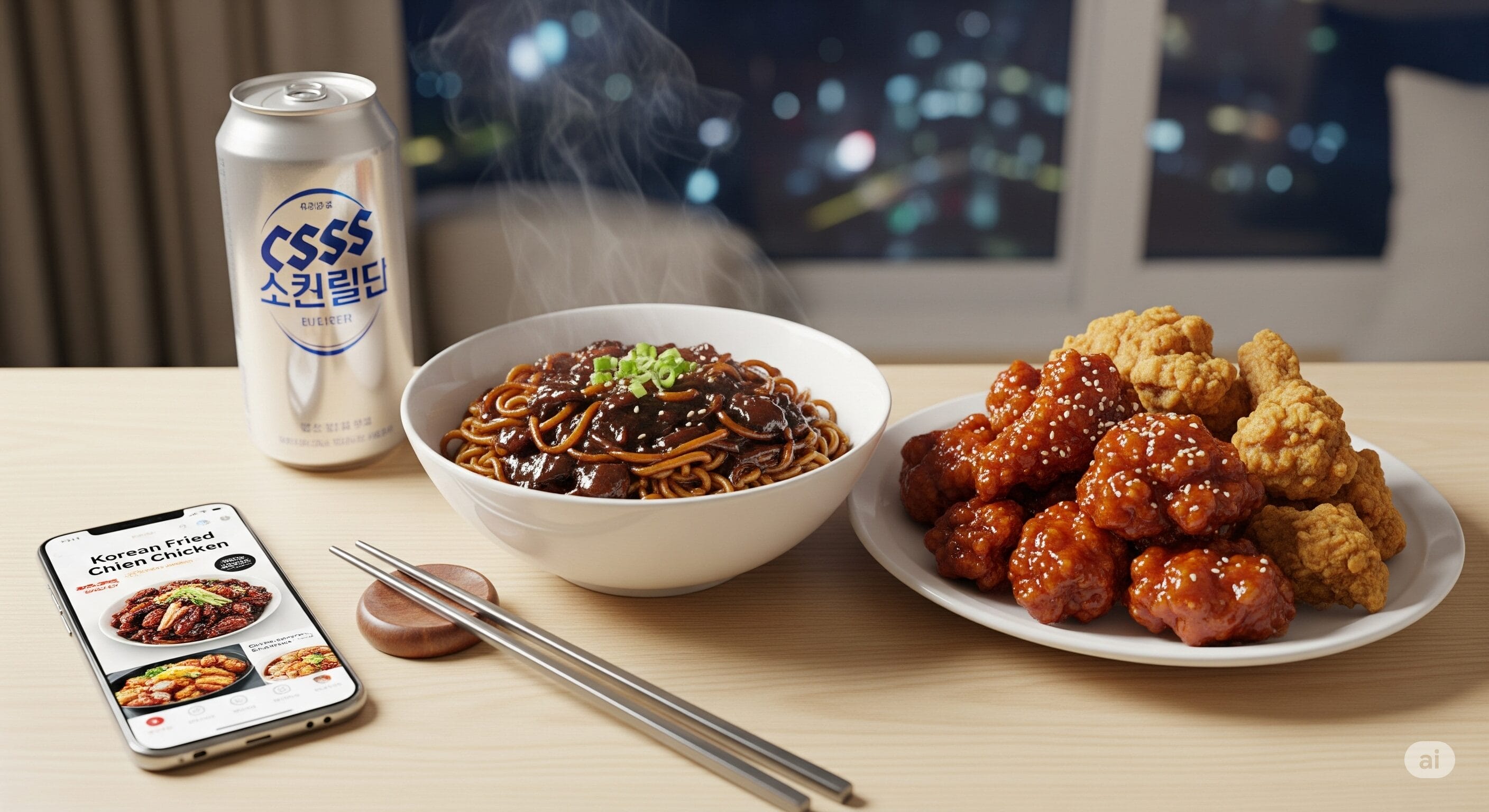 テーブルには缶ビール、どんぶり、韓国風フライドチキンの皿、金属製の箸、そしてフードデリバリーアプリが表示されたスマートフォン。.