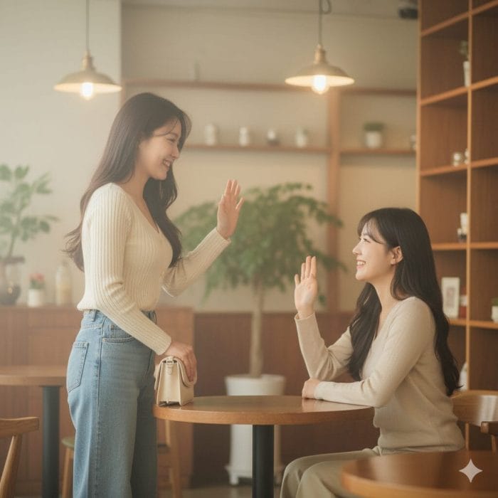 カフェで友人を見送る女性