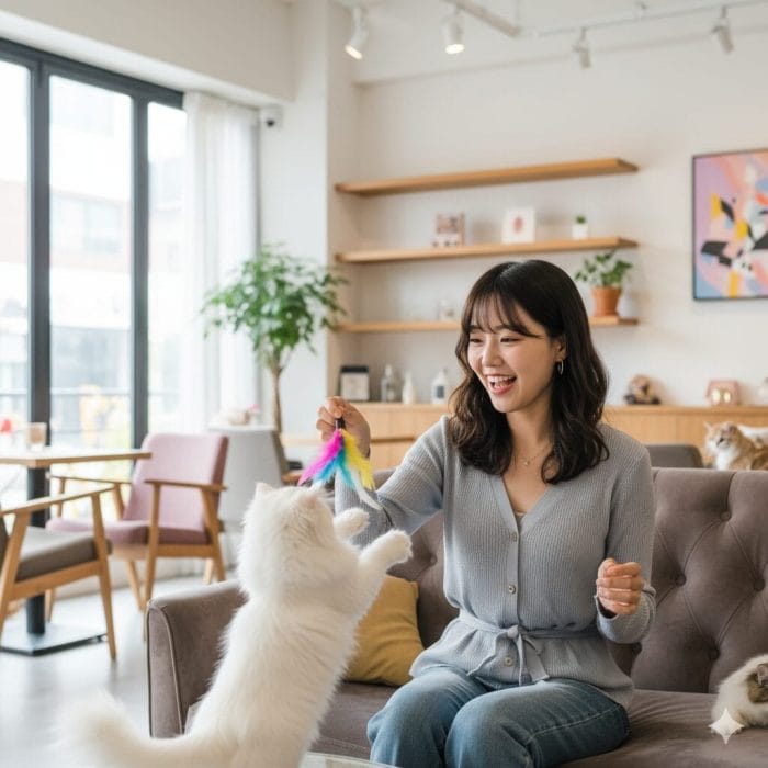 ソウルの猫カフェで楽しそうに猫と遊ぶ日本人女性