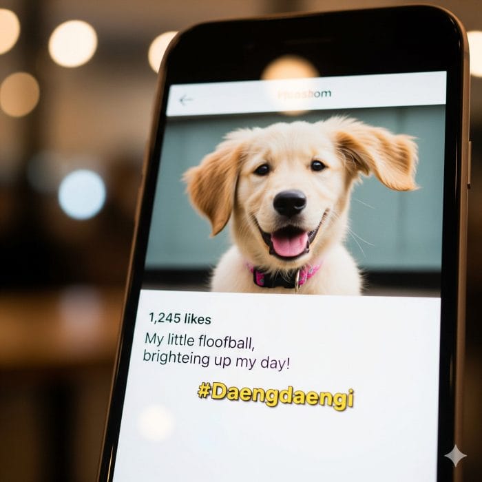 スマートフォンに表示された可愛い犬の写真と#댕댕이のハッシュタグ