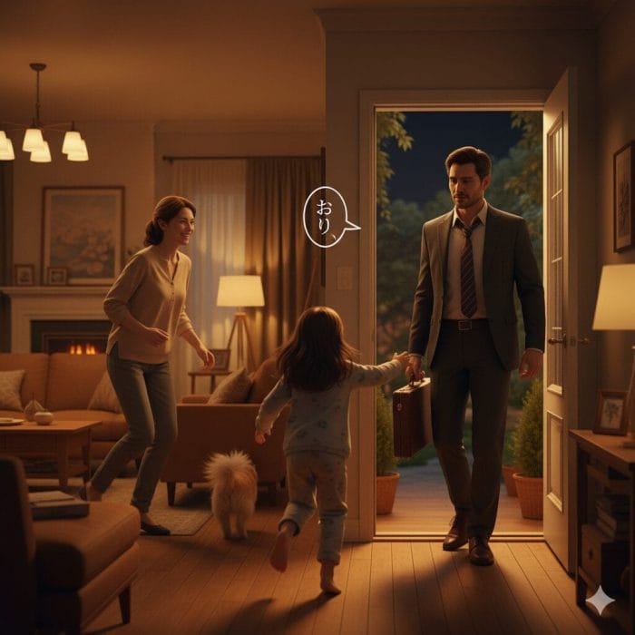夜、家に帰ってきた男性を温かく迎える家族
