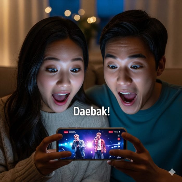 スマートフォンを見て「대박!」と驚き喜ぶ若者たち