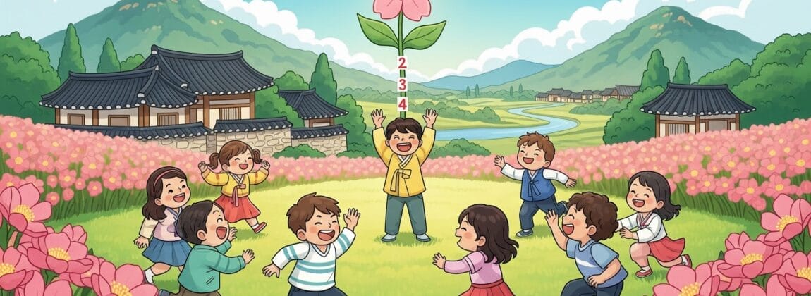 山や韓国の家屋を背景にした花畑の中で、子供たちが伝統的なゲームに興じる。.