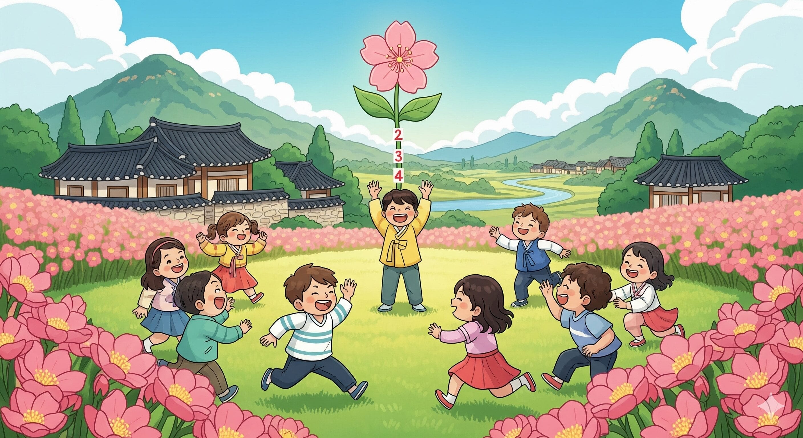 山や韓国の家屋を背景にした花畑の中で、子供たちが伝統的なゲームに興じる。.