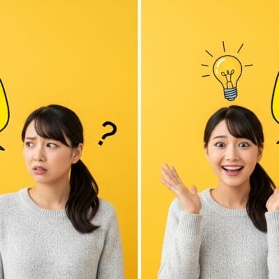黄色を背景に、左はクエスチョンマークに戸惑う女性、右は電球に興奮する女性が、それぞれ日本語と韓国語の吹き出し付きで描かれている。.