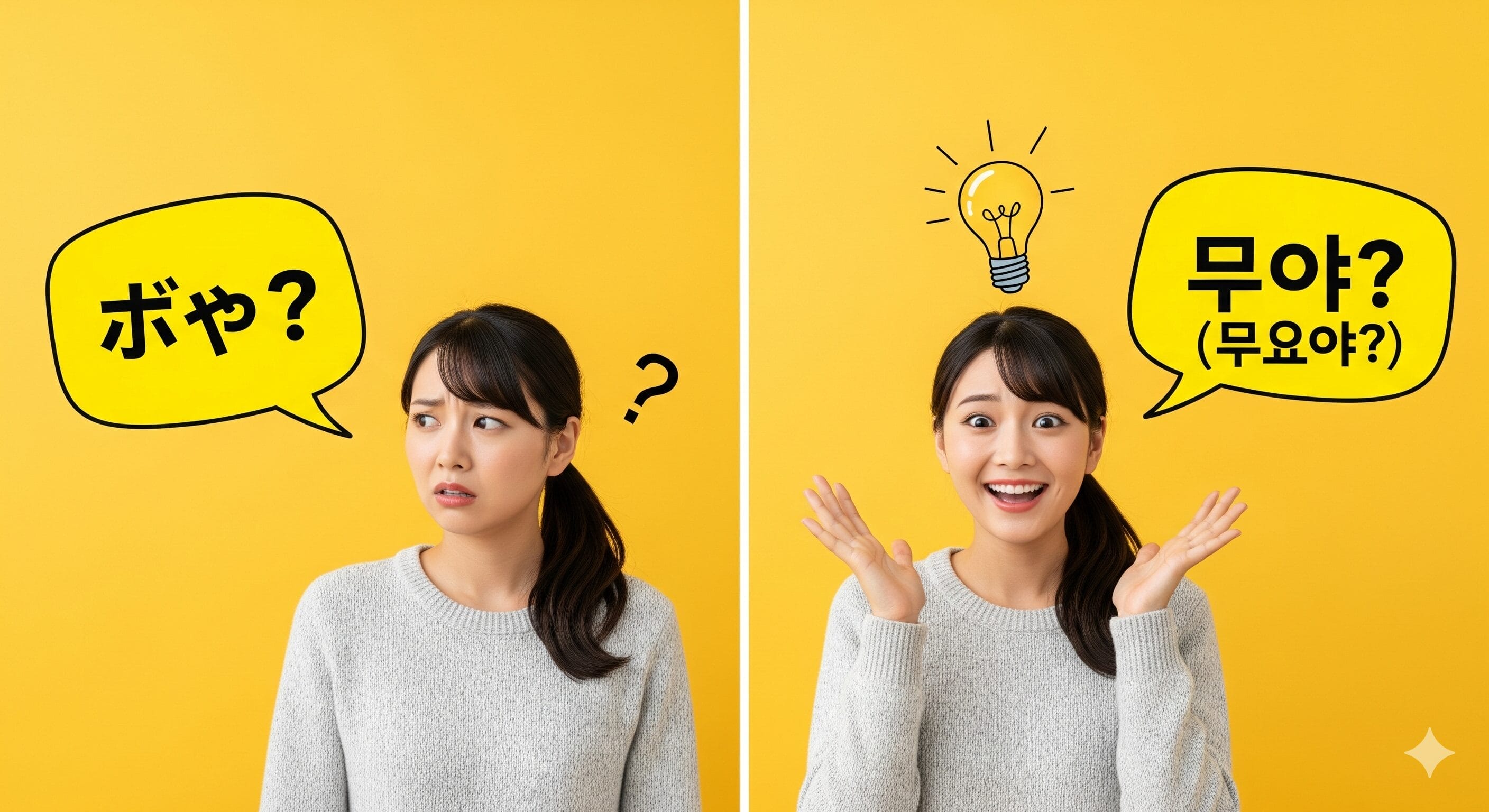 黄色を背景に、左はクエスチョンマークに戸惑う女性、右は電球に興奮する女性が、それぞれ日本語と韓国語の吹き出し付きで描かれている。.