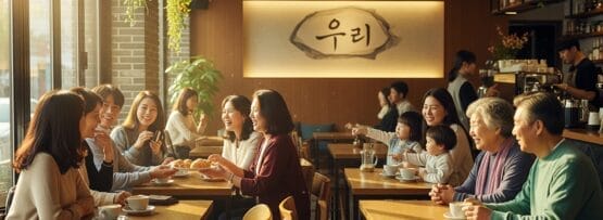 多世代の家族がカフェに集まり、木製のテーブルを囲んで食事や飲み物を分かち合っている。.