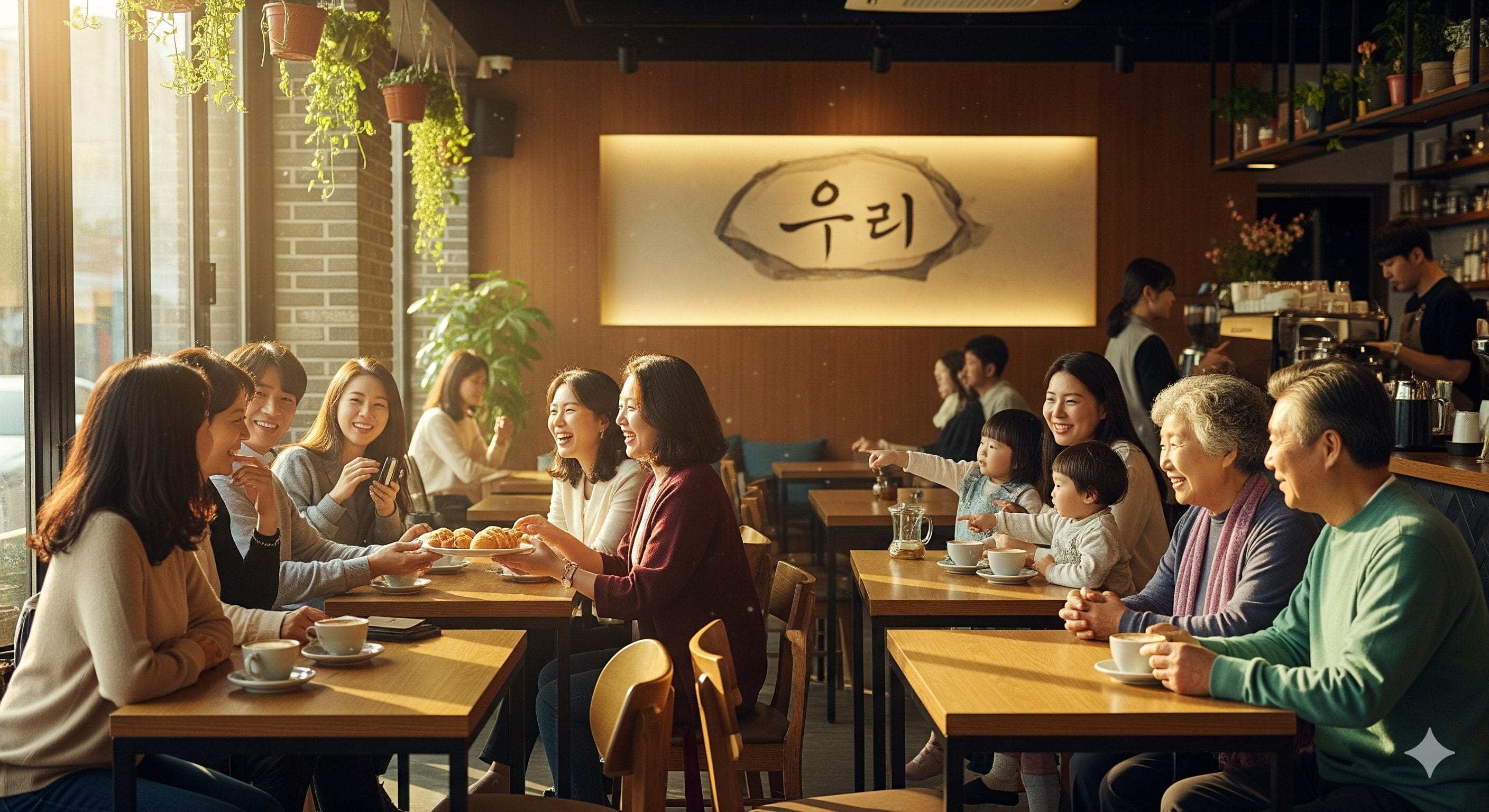 多世代の家族がカフェに集まり、木製のテーブルを囲んで食事や飲み物を分かち合っている。.