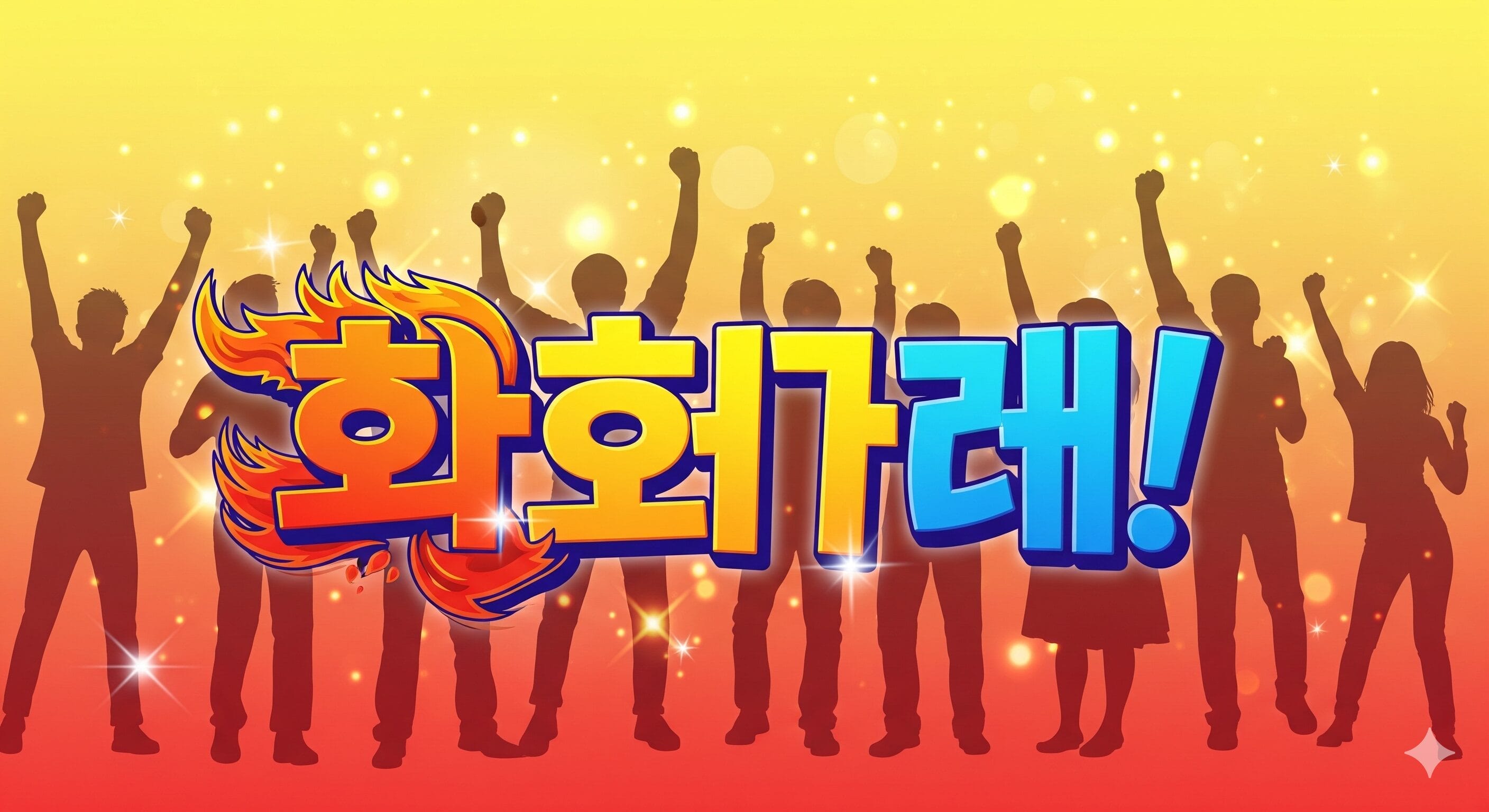 黄色から赤のグラデーションの背景に、歓声を上げる人々のシルエット。手前にはハングルの文字が大きく表示され、燃えるようなデザインが施されています。.