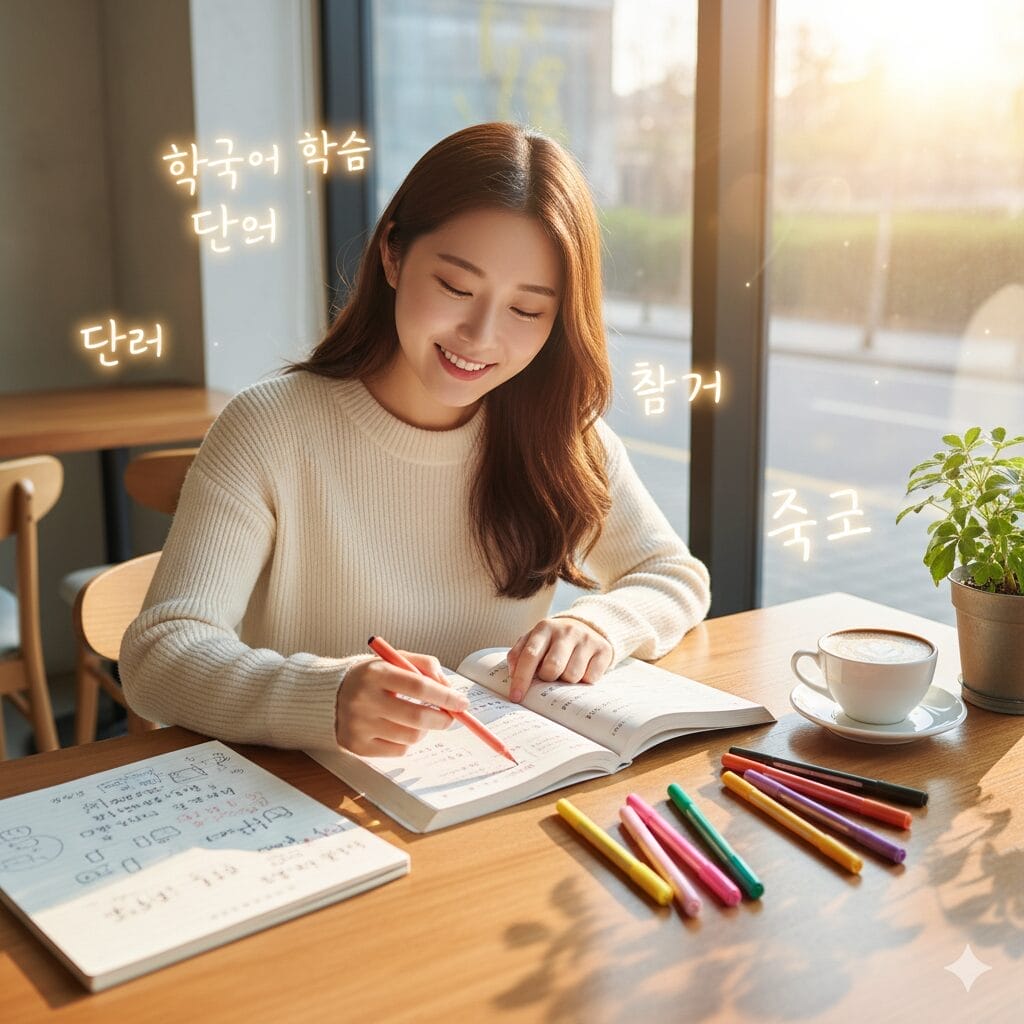 窓際のテーブルに座り、本と色ペンで勉強する女性。彼女の横にはハングルが書かれている。そばにはコーヒーカップと鉢植え。.