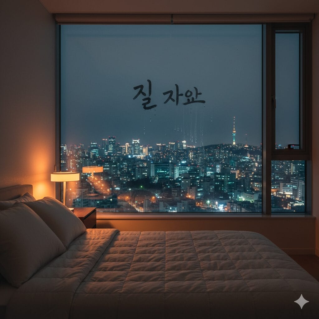 薄暗い部屋に整然と置かれたベッドは、夜の街並みを見下ろす大きな窓に面している。.
