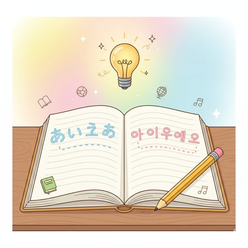 日本語とハングルが書かれた開いたノート、鉛筆、そして上に光る電球は、学習やアイデアを象徴している。.