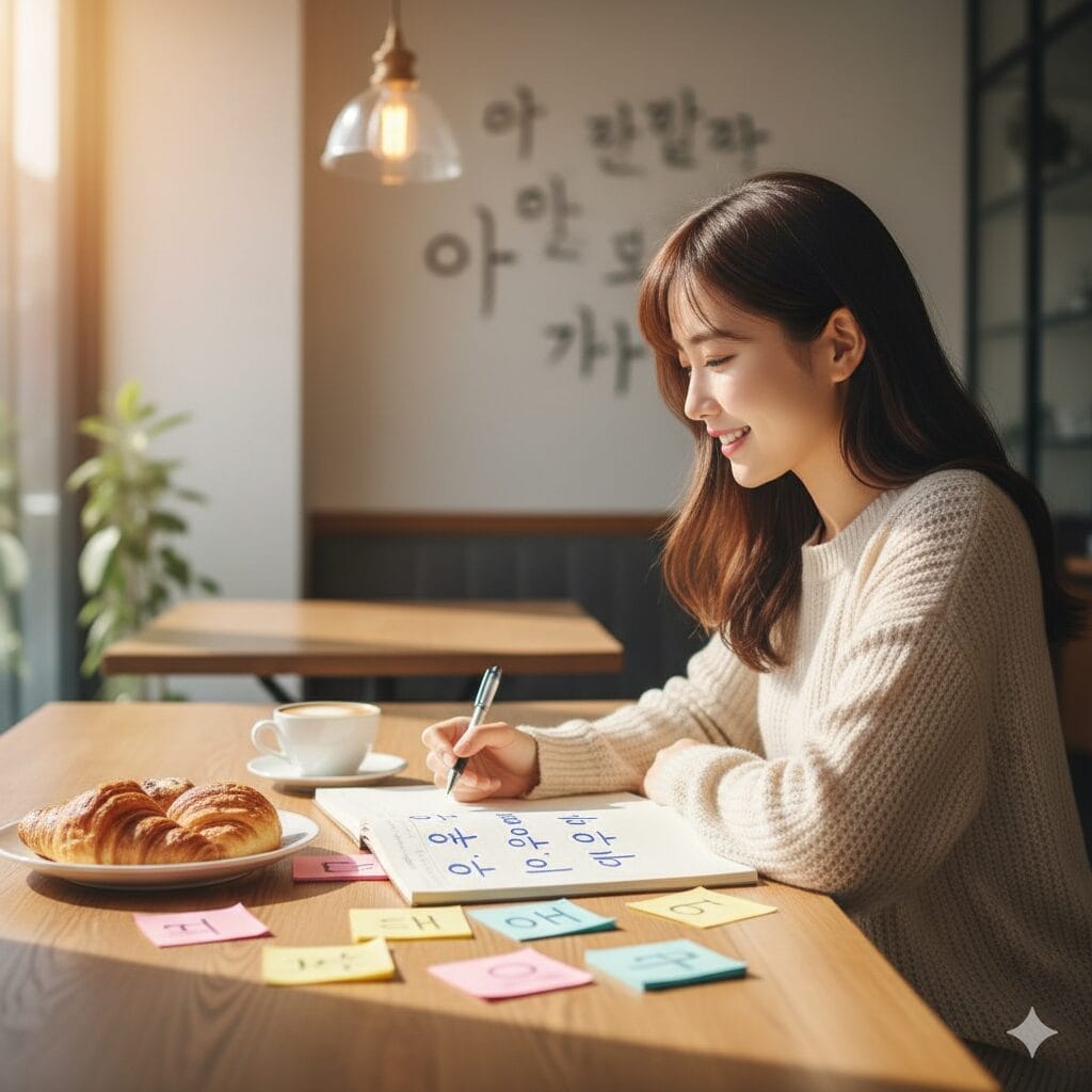 カフェのテーブルに座り、紙にハングル文字を書く女性の前に、お菓子とコーヒーと付箋が置かれている。彼女の背後の壁にはハングルの文字が見える。.