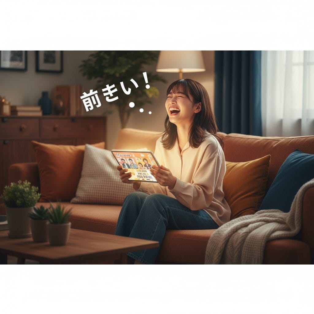 居心地の良いリビングルームのソファに座り、小冊子を手に微笑む女性。彼女の頭の近くに日本語の文字が見える。.