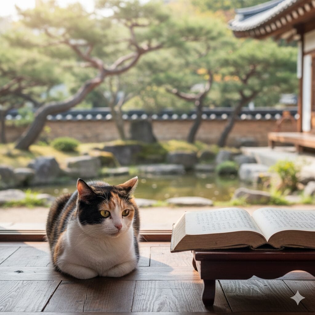 窓から見える伝統的な庭園と池。.