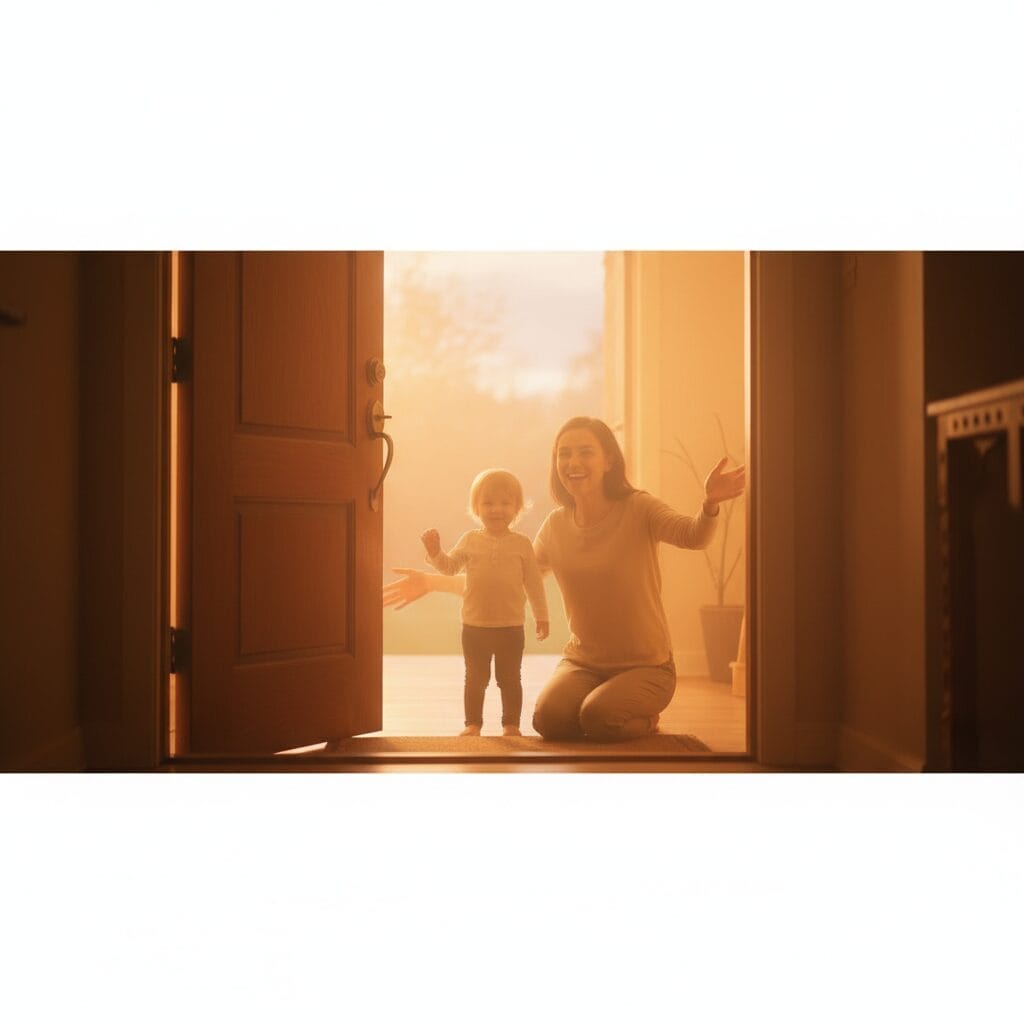開け放たれた玄関ドアのそばで、女性が幼児の隣にひざまずき、暖かな日差しが玄関を満たす中、ふたりは外を眺めて微笑んでいる。.