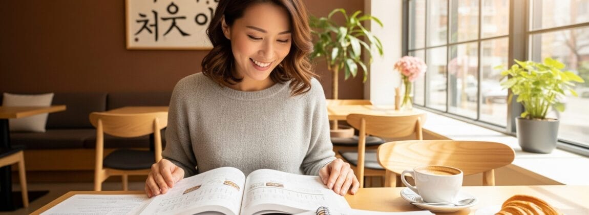 カフェのテーブルでコーヒーとクロワッサンを食べながら韓国語の本を読む女性。大きな窓から差し込む日差し、後ろの壁に書かれたハングル文字。.