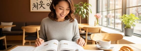 カフェのテーブルでコーヒーとクロワッサンを食べながら韓国語の本を読む女性。大きな窓から差し込む日差し、後ろの壁に書かれたハングル文字。.