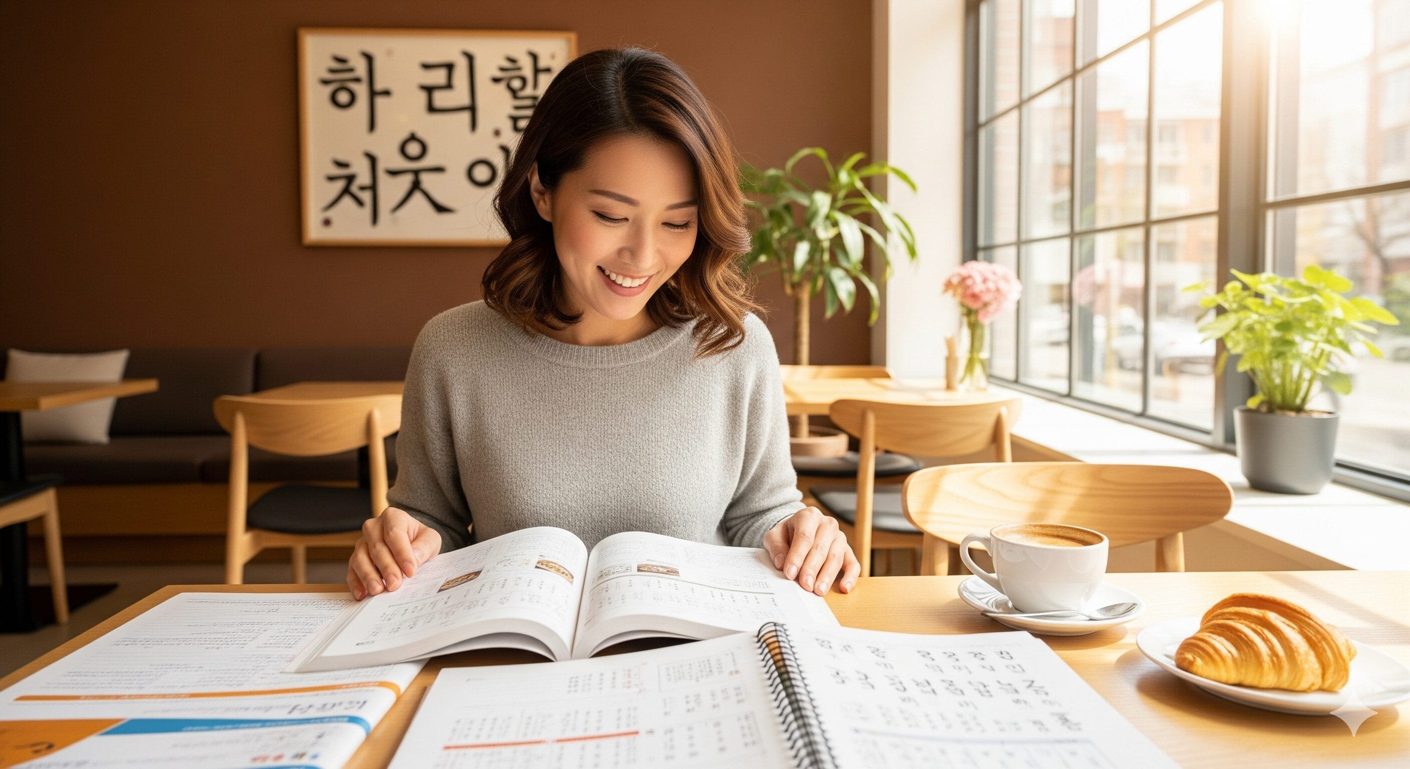 カフェのテーブルでコーヒーとクロワッサンを食べながら韓国語の本を読む女性。大きな窓から差し込む日差し、後ろの壁に書かれたハングル文字。. カフェのテーブルでコーヒーとクロワッサンを食べながら韓国語の本を読む女性。大きな窓から差し込む日差し、後ろの壁に書かれたハングル文字。.
