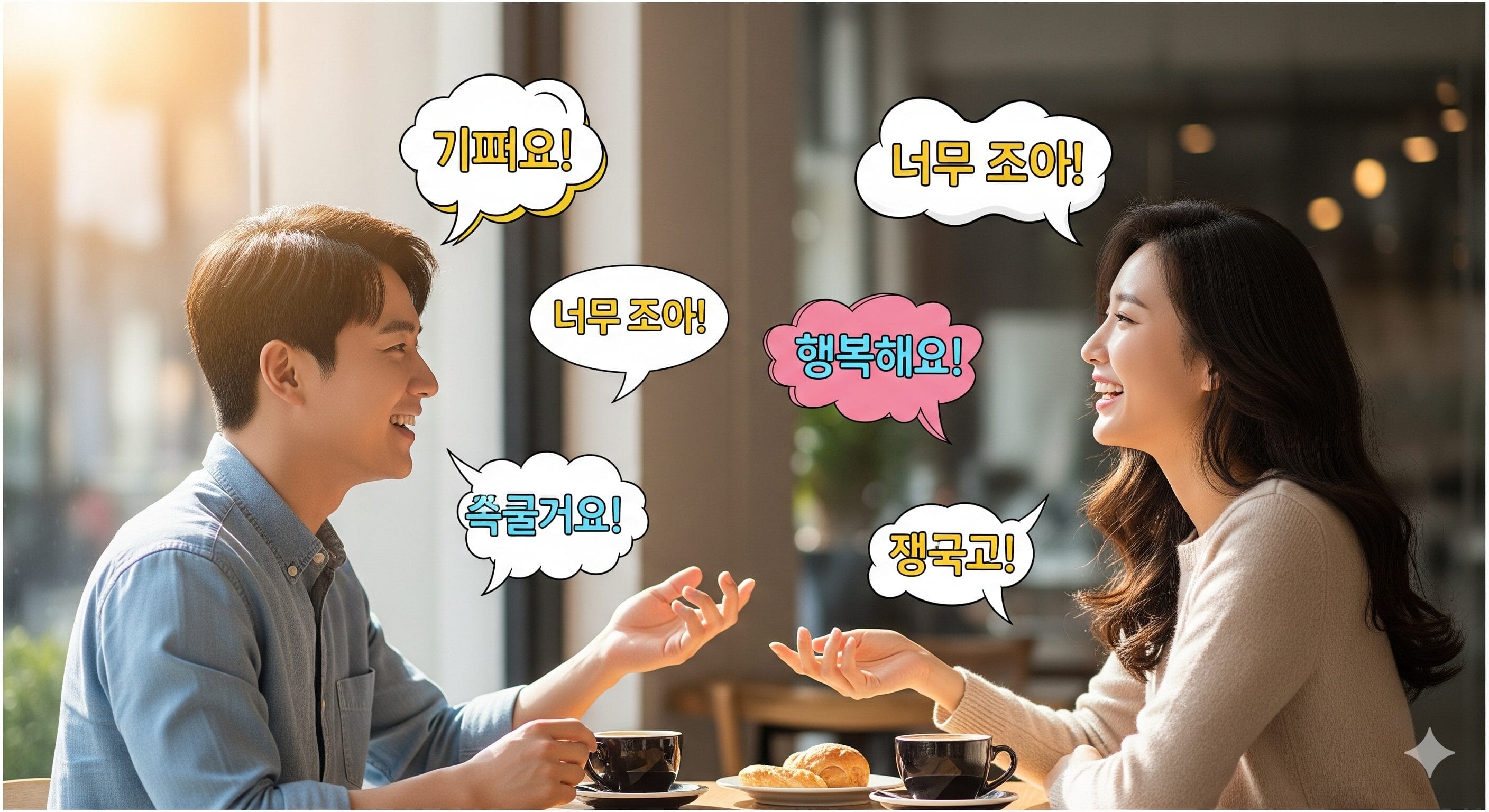 男女がカフェのテーブルに座り、コーヒーとお菓子を食べながら談笑している。.