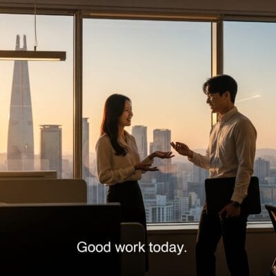 夕暮れ時、オフィスの窓際で書類を交換しながら微笑むビジネスウェアの2人。外には街のスカイラインが見える。テキストは「今日はお疲れ様でした。.