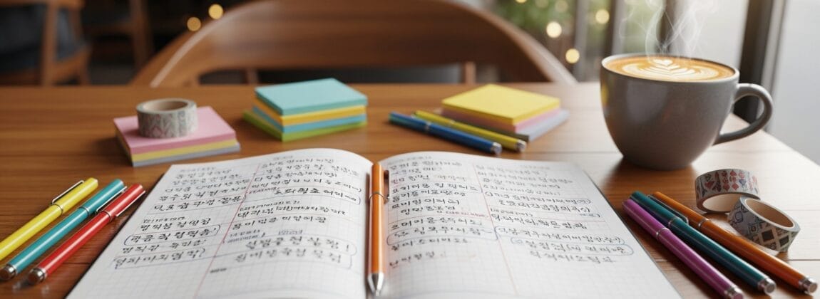 手書きの韓国語が書かれた開かれたノートが、ペン、付箋、和紙テープ、そしてカフェラテと一緒に、明るいカフェのテーブルの上に置かれている。.