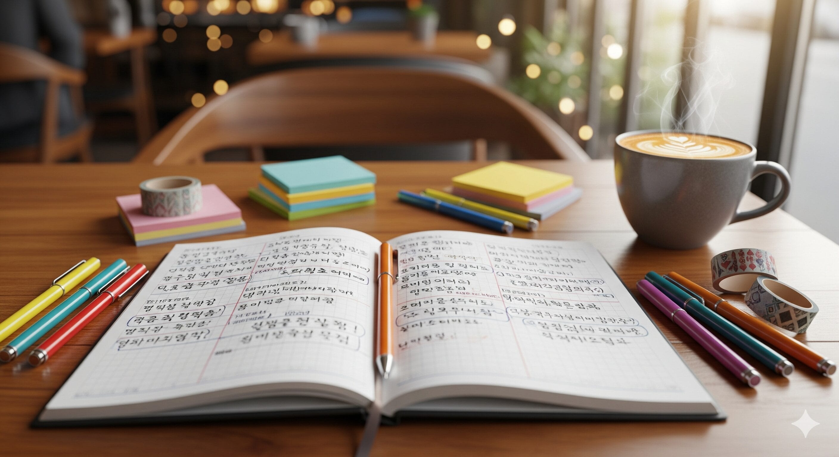 手書きの韓国語が書かれた開かれたノートが、ペン、付箋、和紙テープ、そしてカフェラテと一緒に、明るいカフェのテーブルの上に置かれている。.