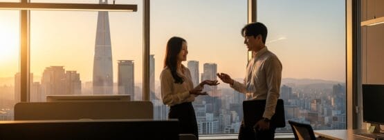 夕暮れ時、オフィスの窓際で書類を交換しながら微笑むビジネスウェアの2人。外には街のスカイラインが見える。テキストは「今日はお疲れ様でした。.