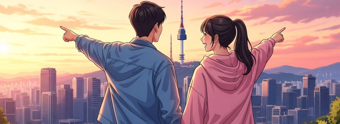 夕暮れ時、高い塔を背景に、手をつないで街のスカイラインを指差す2人。.