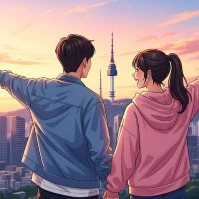 夕暮れ時、高い塔を背景に、手をつないで街のスカイラインを指差す2人。.
