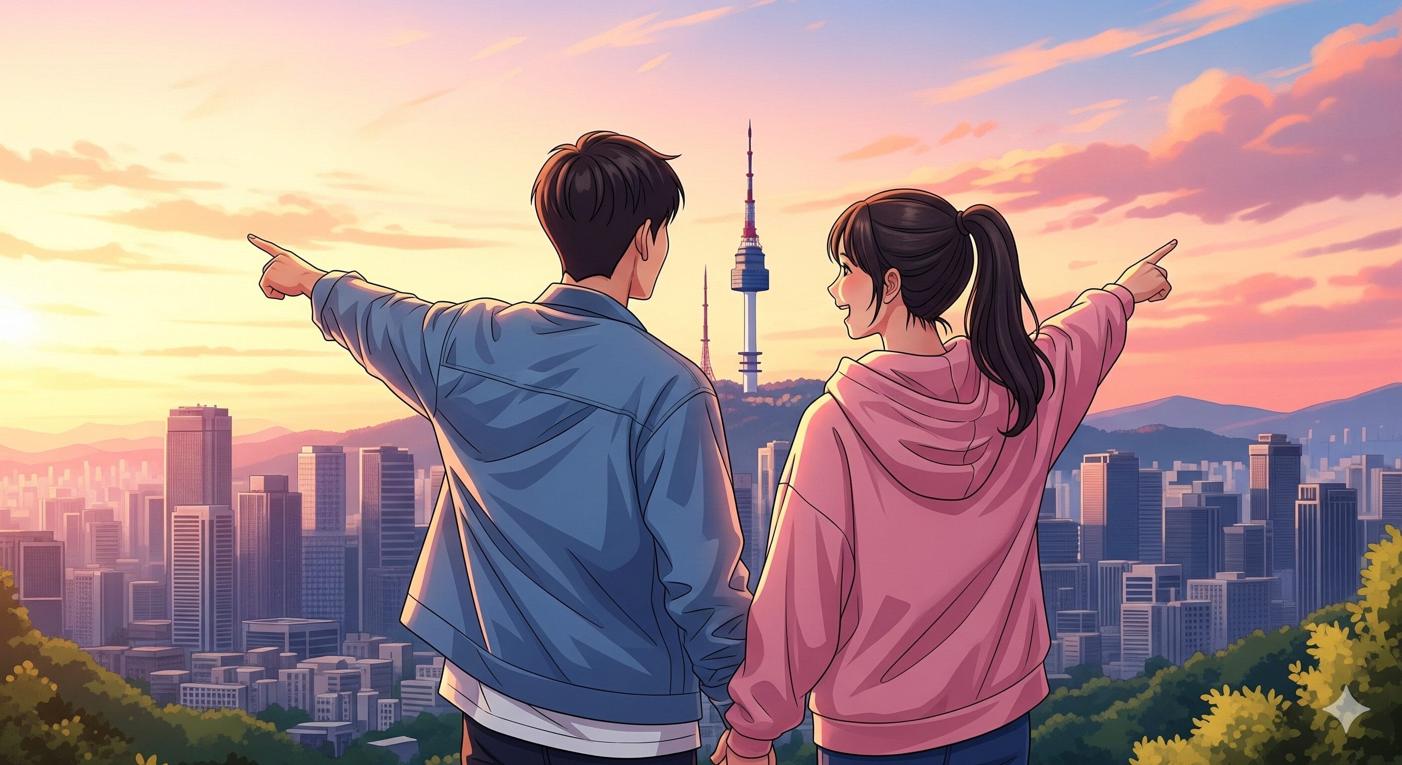 夕暮れ時、高い塔を背景に、手をつないで街のスカイラインを指差す2人。.