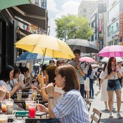屋外のテーブルに座って飲み物を楽しむ人、晴れた日にカラフルな傘をさしてにぎやかな商店街を歩く人。.