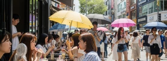 屋外のテーブルに座って飲み物を楽しむ人、晴れた日にカラフルな傘をさしてにぎやかな商店街を歩く人。.