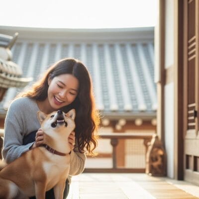 アジアの伝統建築を背景に、木造のベランダで柴犬を撫でながら微笑む女性。.