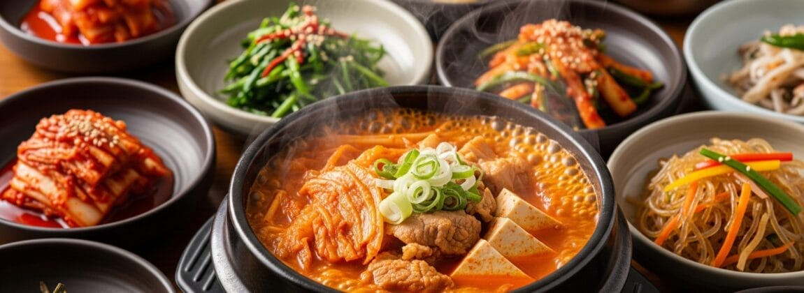 湯気の立つ韓国鍋を囲むように、キムチ、野菜、米などさまざまなバンチャンのおかずが木のテーブルの上に並べられている。.