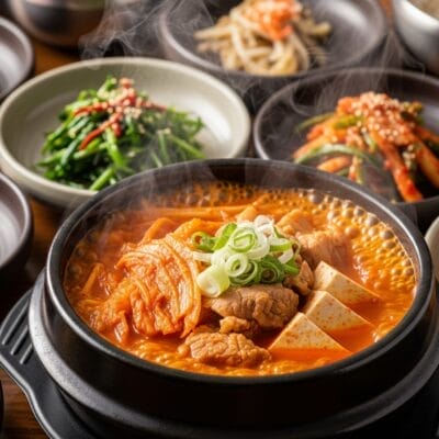湯気の立つ韓国鍋を囲むように、キムチ、野菜、米などさまざまなバンチャンのおかずが木のテーブルの上に並べられている。.