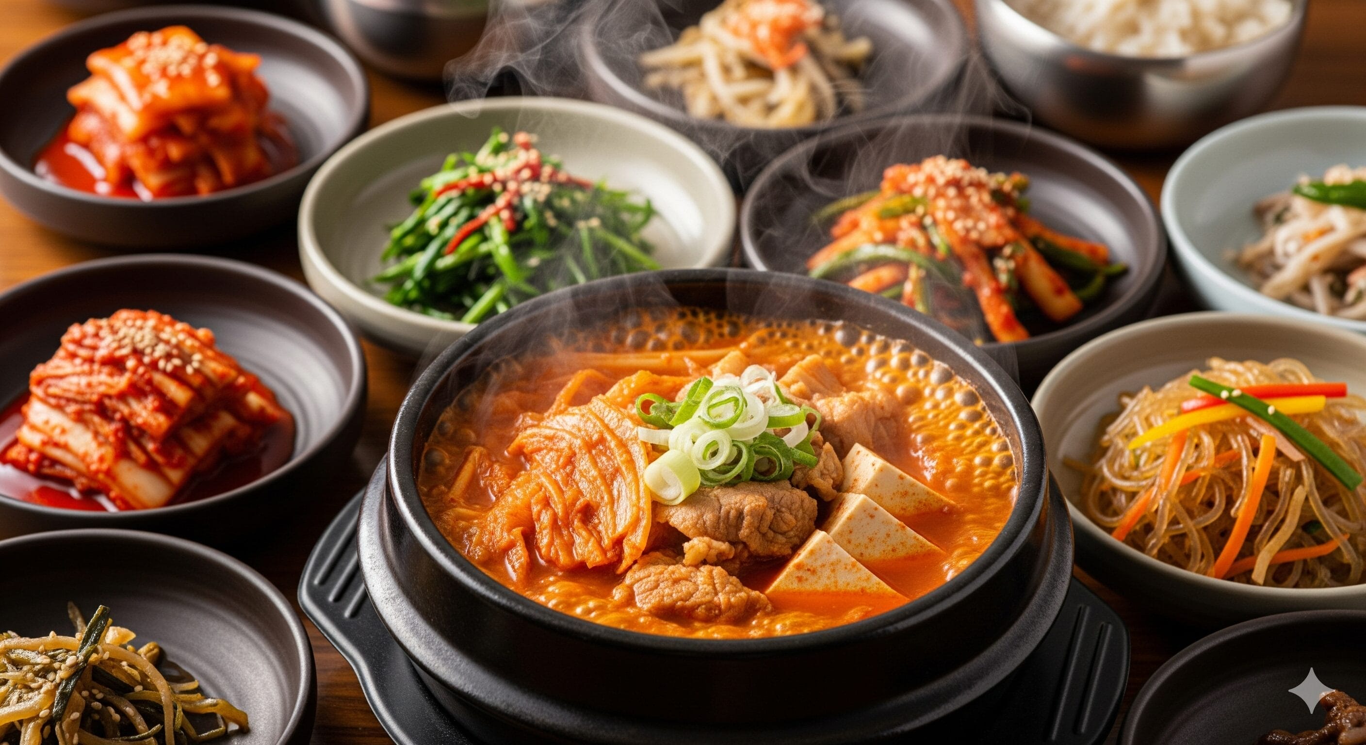 湯気の立つ韓国鍋を囲むように、キムチ、野菜、米などさまざまなバンチャンのおかずが木のテーブルの上に並べられている。.