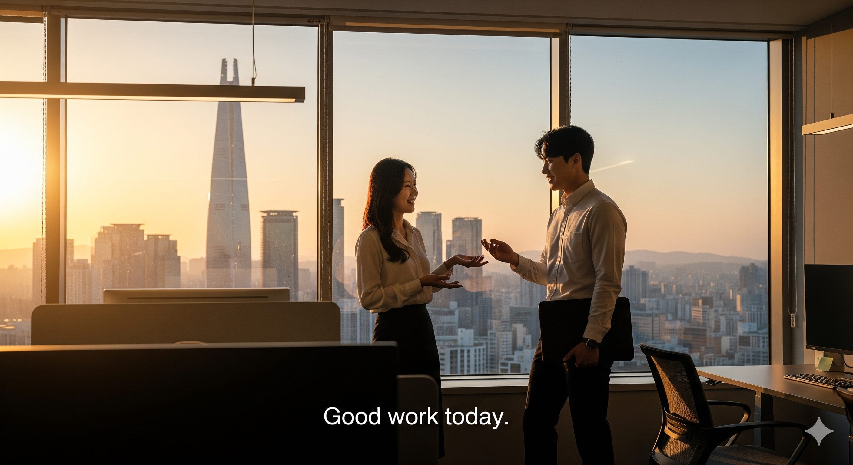 夕暮れ時、オフィスの窓際で書類を交換しながら微笑むビジネスウェアの2人。外には街のスカイラインが見える。テキストは「今日はお疲れ様でした。.