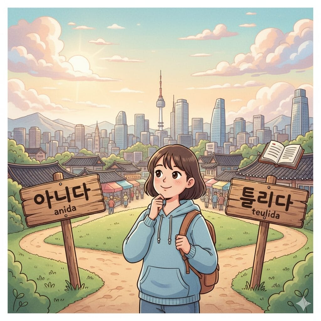 リュックを背負った少女が、韓国語で「アニダ」と「テウリダ」と書かれた2つの標識のある分かれ道に立ち、背景には街並みや伝統的な家屋がある。.