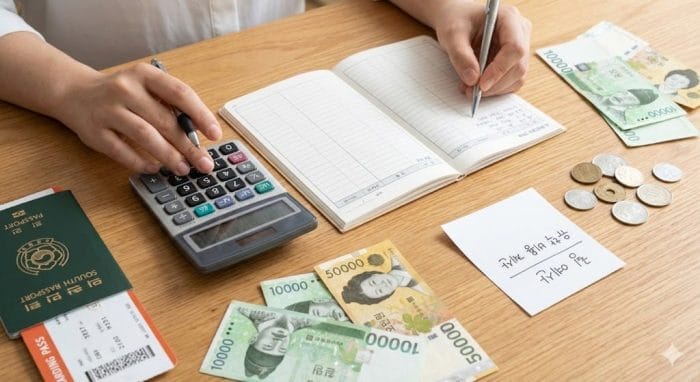電卓と韓国ウォン、家計簿を使った費用計算のイメージ