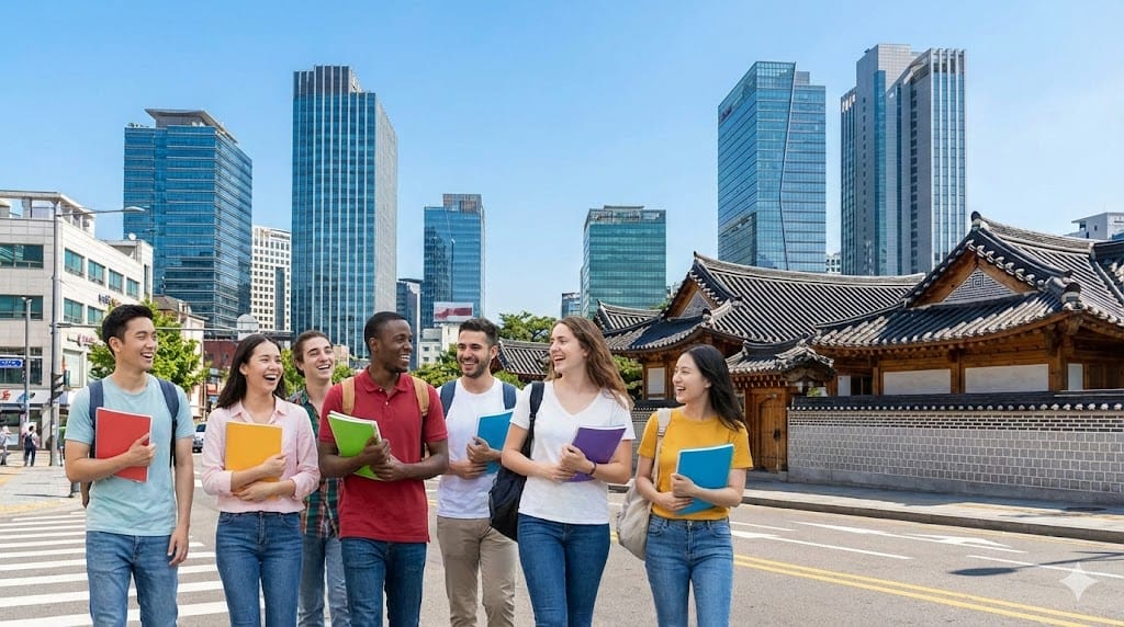 近代的な高層ビルと韓国の伝統的な建築物を背景に、フォルダーを手にした若者たちが一緒に歩いている。.