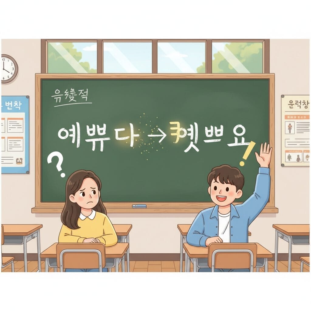 二人の生徒が教室の机に座っている。女の子が困惑した表情で、男の子が手を挙げている。黒板にはハングルとクエスチョンマーク。.